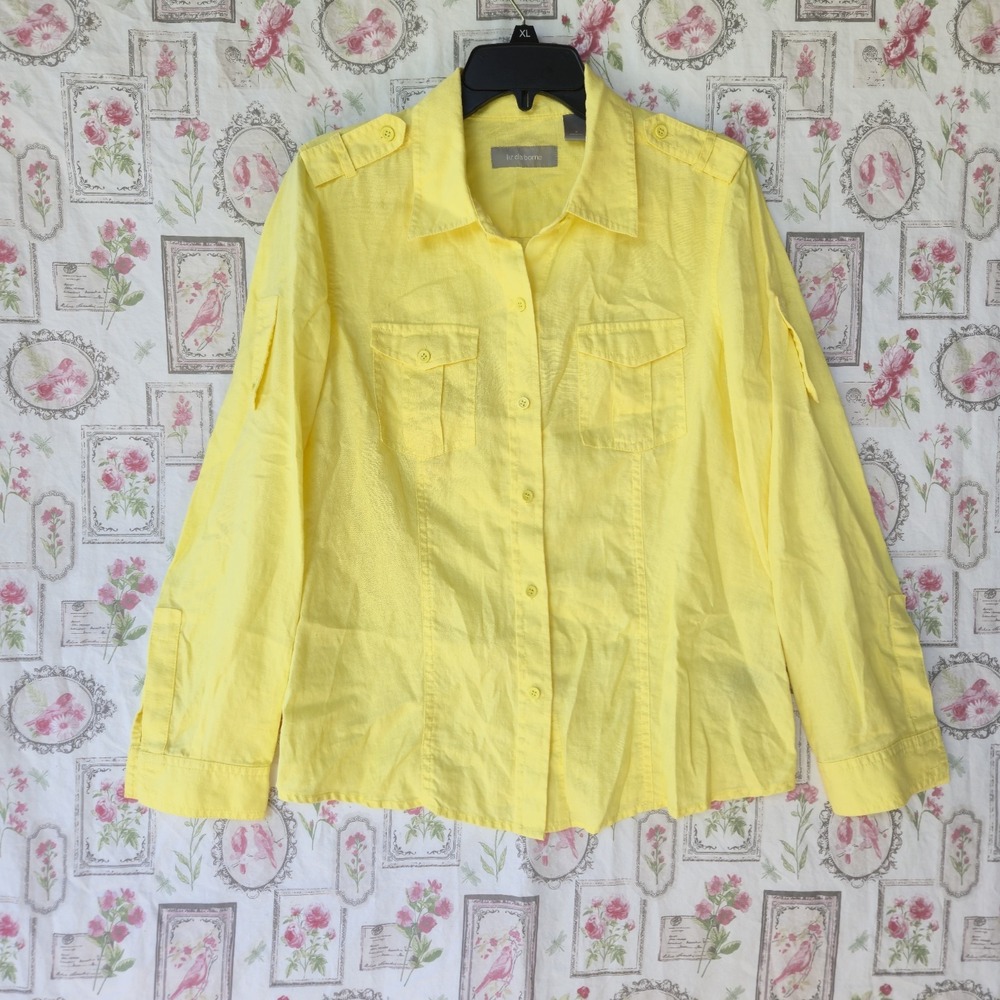 Liz Claiborne Pale Yellow Linen Button Front Boyfriend Oxford Shirt Top Womens M